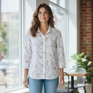Alfred Dunner White Shirt with Gray Floral Print